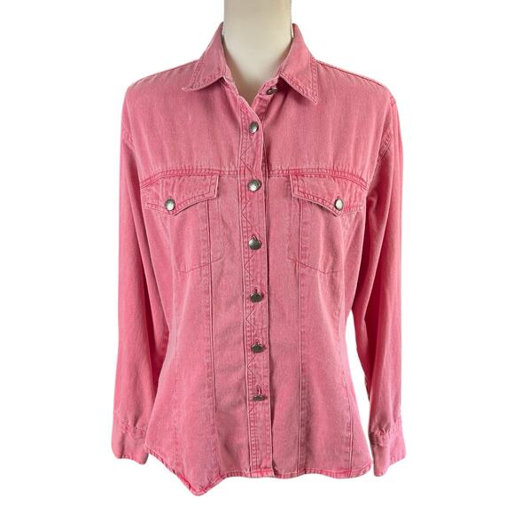 Ignite Shirt Women Size Large Pink Soft Denim Button Up Western Cowgirl Shacket - Picture 1 of 12